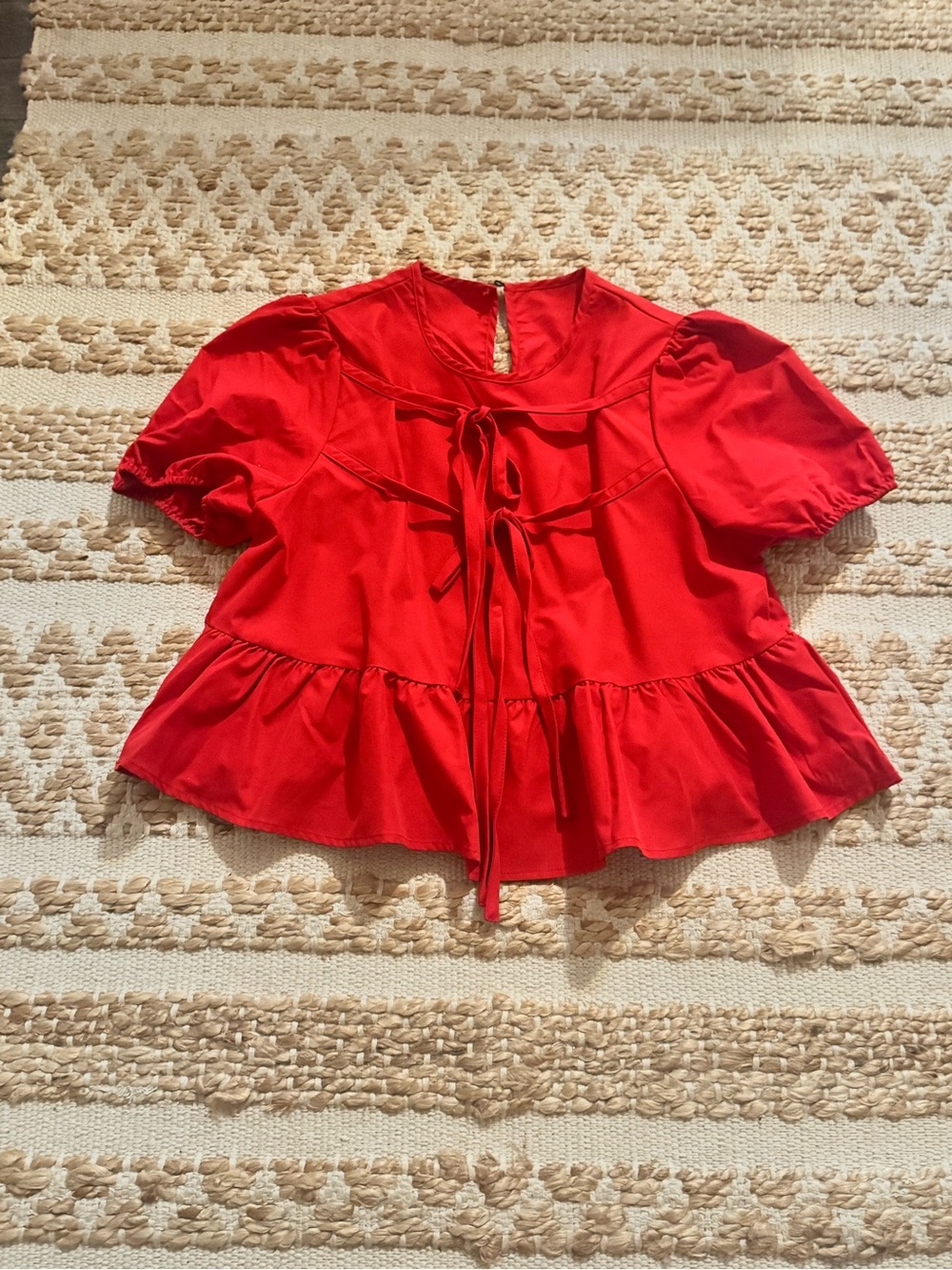 SHEIN Red Tie-Front Peplum Blouse with Puff Sleeves